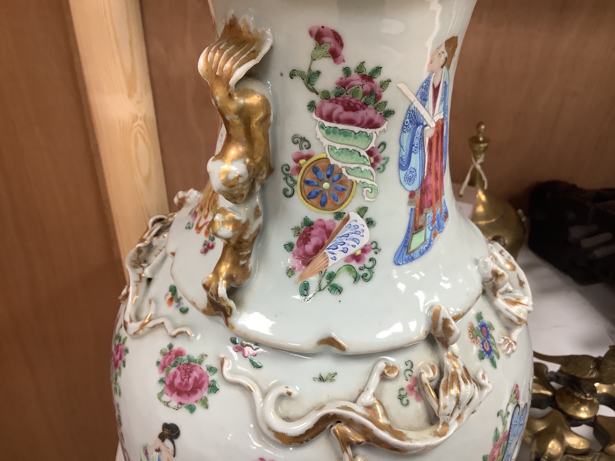 A Chinese famille rose vase, 19th century, neck a/f, 42.5cm